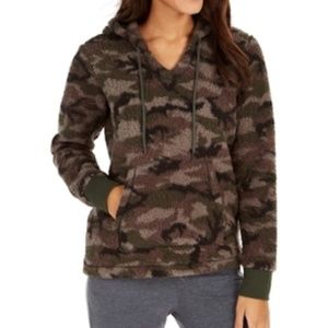 Jenni Womens Faux Sherpa Cozy Hoodie Lounge Sleep Top Gray Camouflage XS M XL
